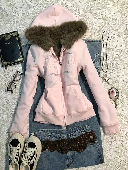 pink velvet hooded sweatshirt jacket