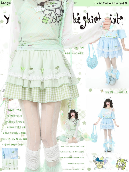Blue Ghost Park “Languid Park” Lace Checkered Puff Skirt for Women with Lining, Figure-Flattering Tie Strap Short Skirt