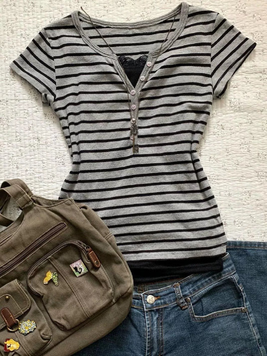 Retro Fitted Striped Short-Sleeve T-Shirt for Women Summer 2024 Trendy Pretty Top