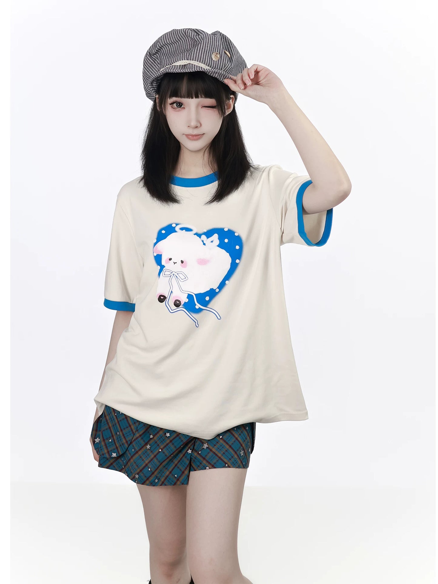 Ships Now【Miexing Story】Custom Color-Block Blue-White Little Lamb Star Pattern Starry Fabric Casual Bottoms