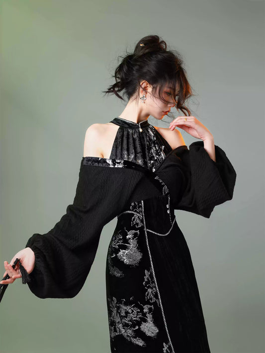 Chinese Style Silver Velvet Cheongsam Dress