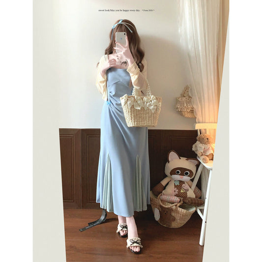 Last-Season Stock: Pure-Style Butterfly-Decor Pleated Fitted Mermaid Slip Dress Camisole Dress Two-Piece Set*
