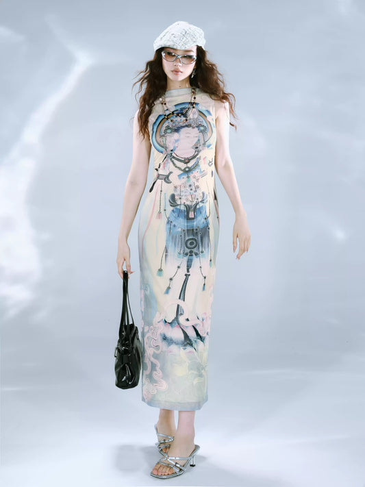 Chinese Art Printed Mesh Stretch Dress