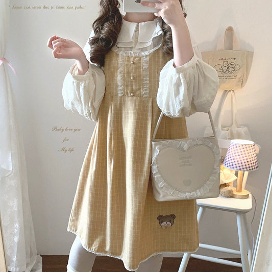 Last-Call ssbdj Lace Trim Plaid Cute Bear Embroidery Sweet Lolita-Style Cami Dress