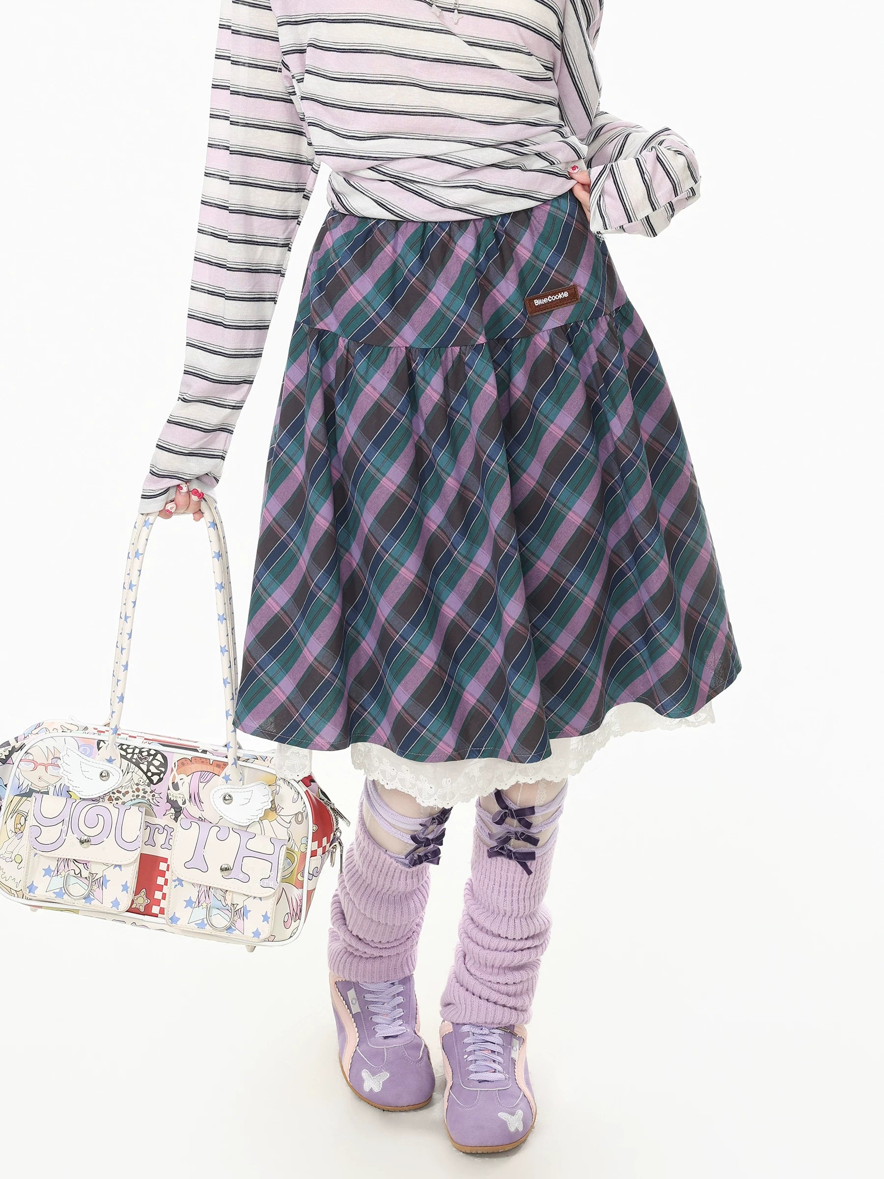 Blue Ghost Park Languid Park Lace-Trim Plaid Homey-Style “宅萌” Midi Skirt for Women, Summer Casual