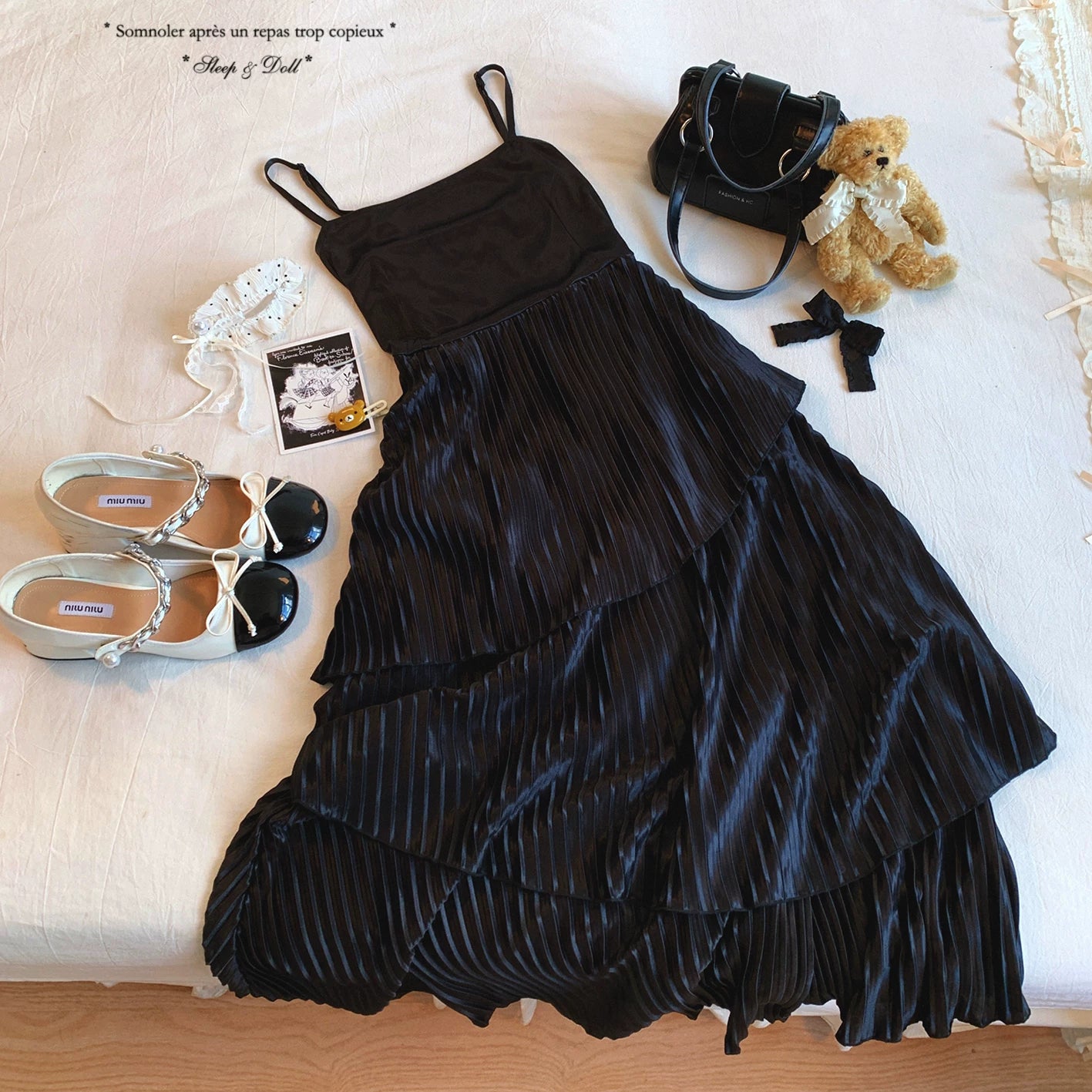 Japanese One Gr* Vintage Elegant Glossy Irregular Pleated Layered Skirt Hem Fishtail Cami Dress