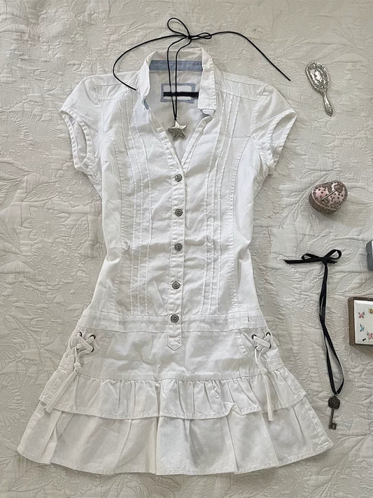 Original Vintage-Inspired Slimming White Waist-Cinching Shirt Dress with a Subtle Designer Appeal