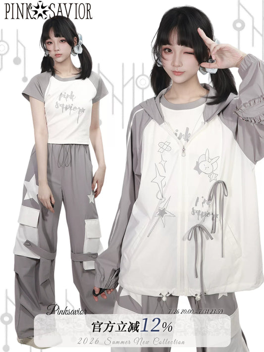Pinksavior【Cool Glacier】White-and-Gray Contrast Summer Lightweight Jacket & Pants Set with Short Sleeves—Age-Reducing