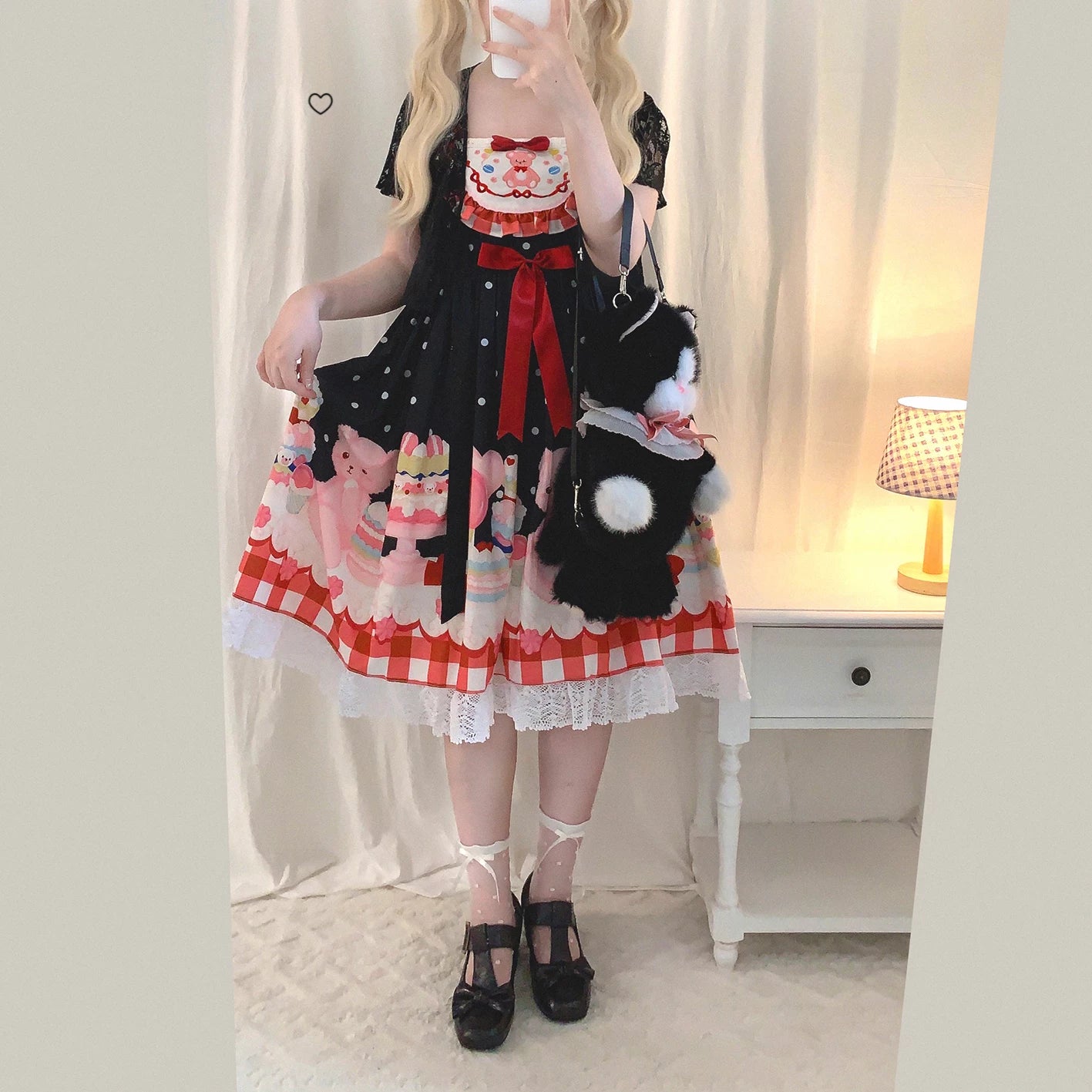 Last-chance HGL Vintage Checkered Puff-Sleeve Embroidered Drool Bib Sweet Dessert Bear Polka-Dot Cami Dress