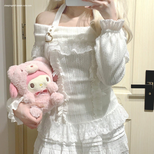 Love Button Halterneck Lace Long-sleeved Top