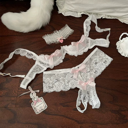 White Rose Dream Lace Underbust Push-Up Bra Unlined Underwire Bustier Lingerie Set with Open Crotch Thong for Women