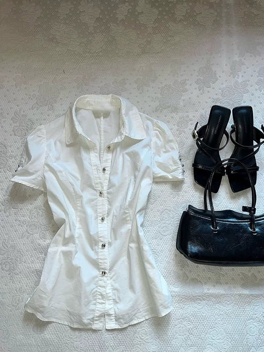 Vintage-Inspired Elegant White Collared Blouse, French Chic & Flattering Slimming Top