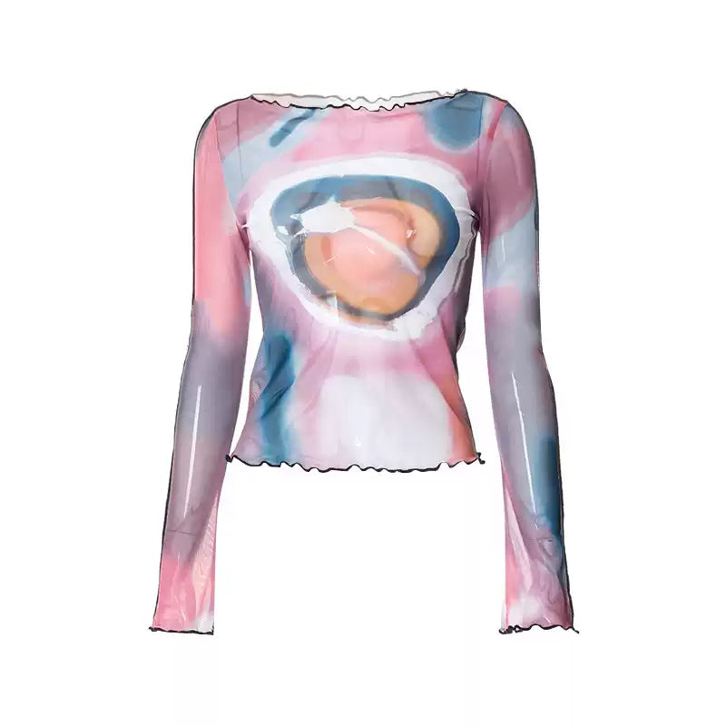 Screen Printed Open Navel Long-sleeved Top