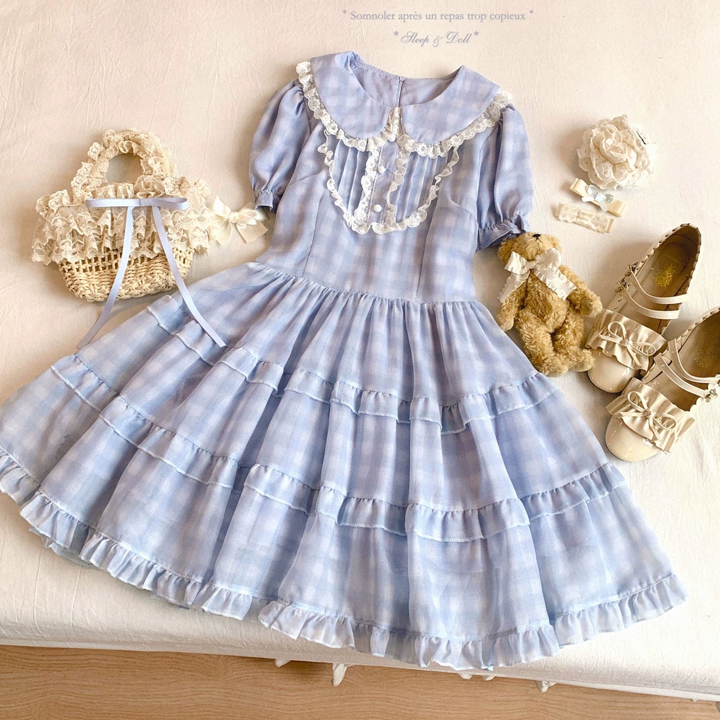 sleepingdoll Handmade Cute Lace Peter Pan Collar Doll-Style Cake Dress Plaid Bubble Sleeves
