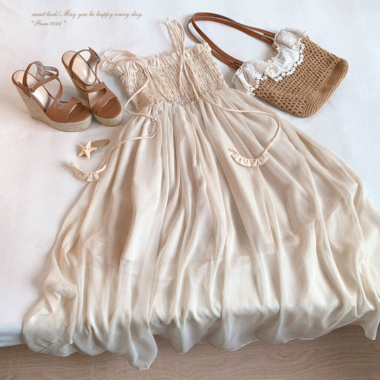 Last Stock yxt* Pearl-Decor Trim Tied Draped Pleated Flowing Chiffon Slip Dress