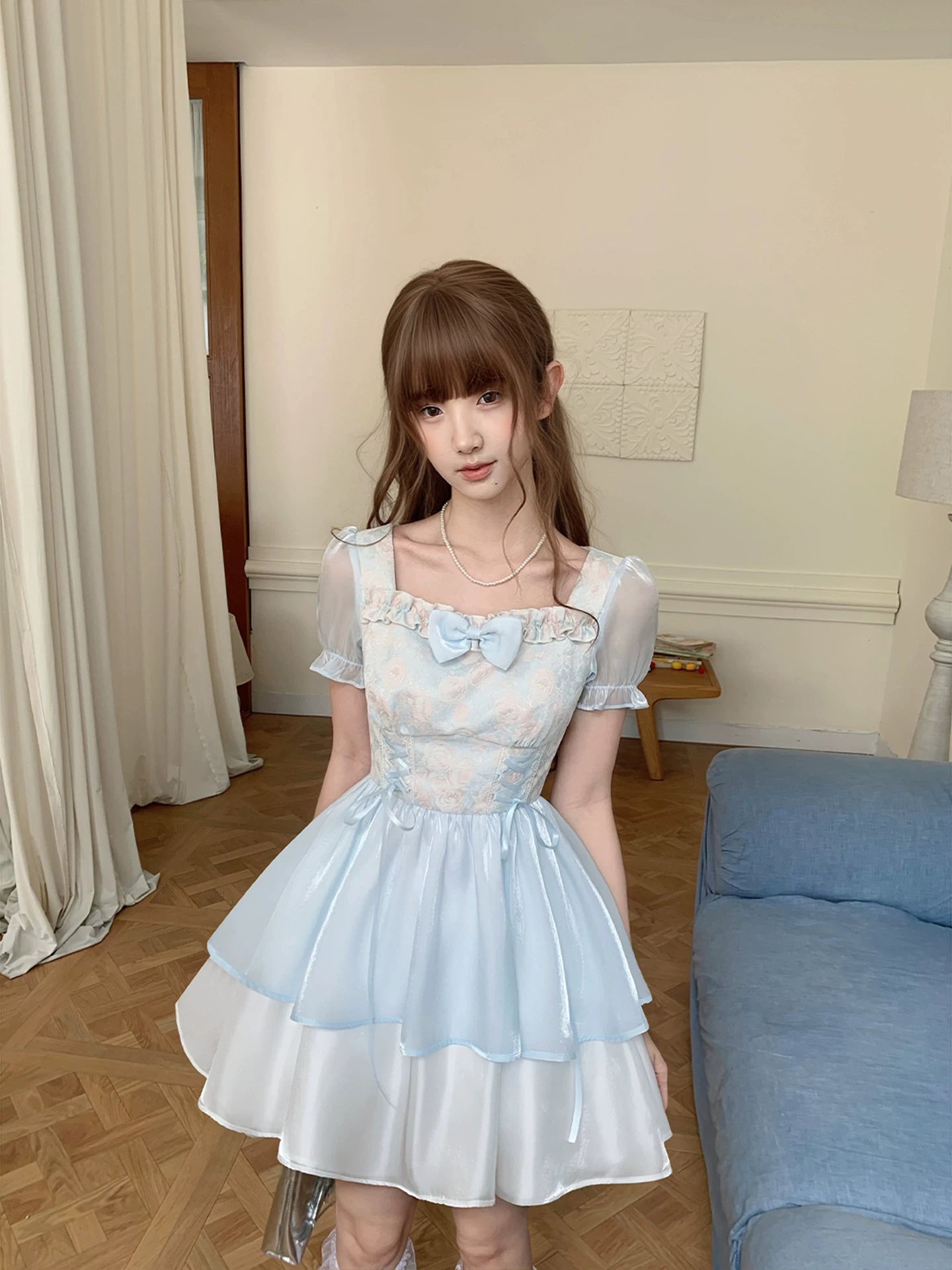Lala Sauce Blue Moon Series Square-Neck Floral Dress with Bow Tie and Layered Tulle Puff Skirt (Lolita Short Dress)