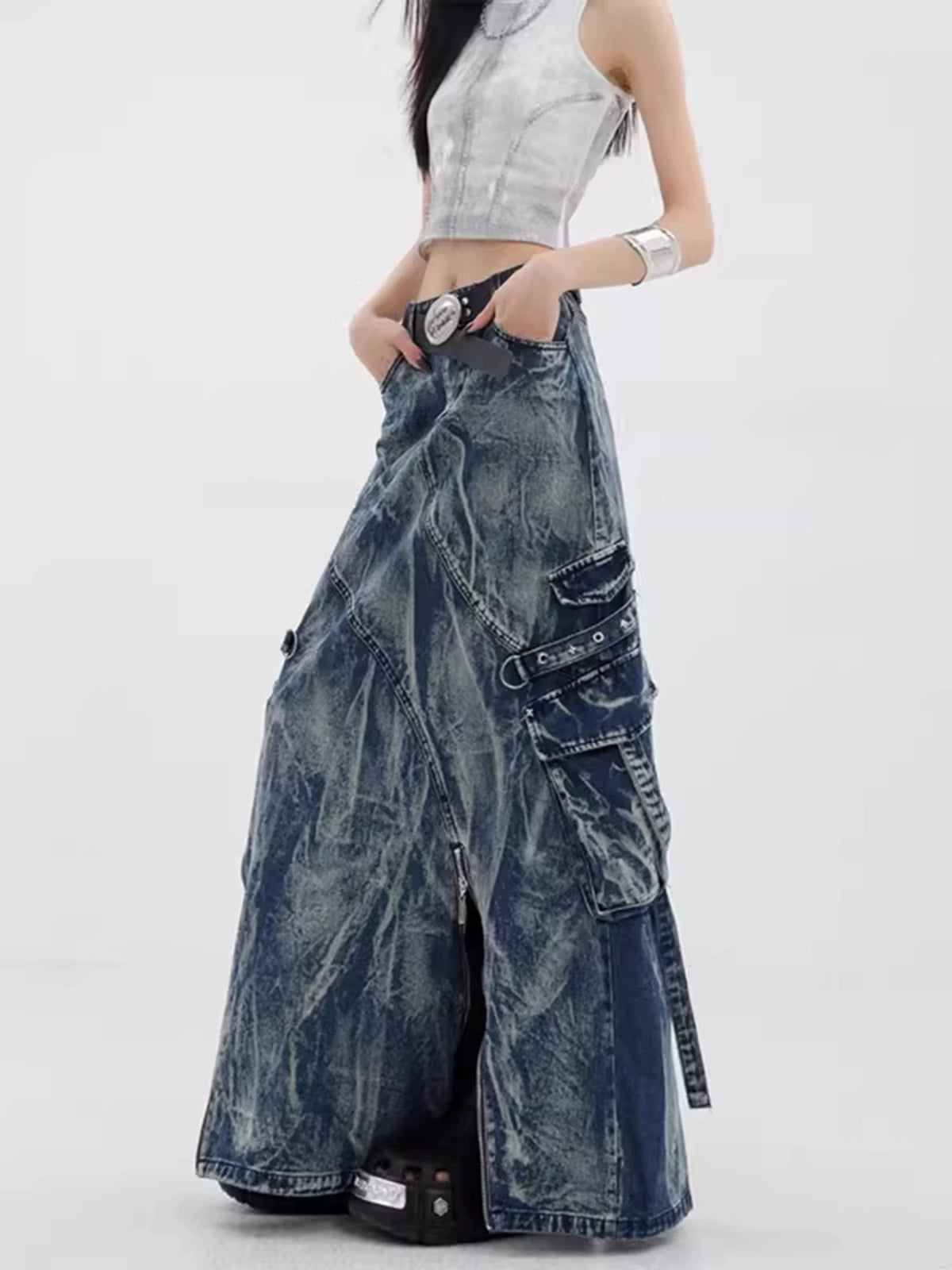 Irregular American Workwear Denim Maxi Skirt for Women, Plus-Size Statement Design, Subculture Y2K High Waist Slimming Skirt