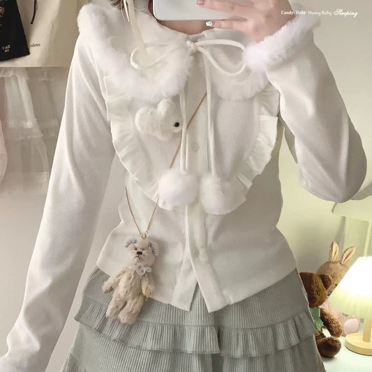 Rabbit brooch furry lace-up bow pom-pom shirt