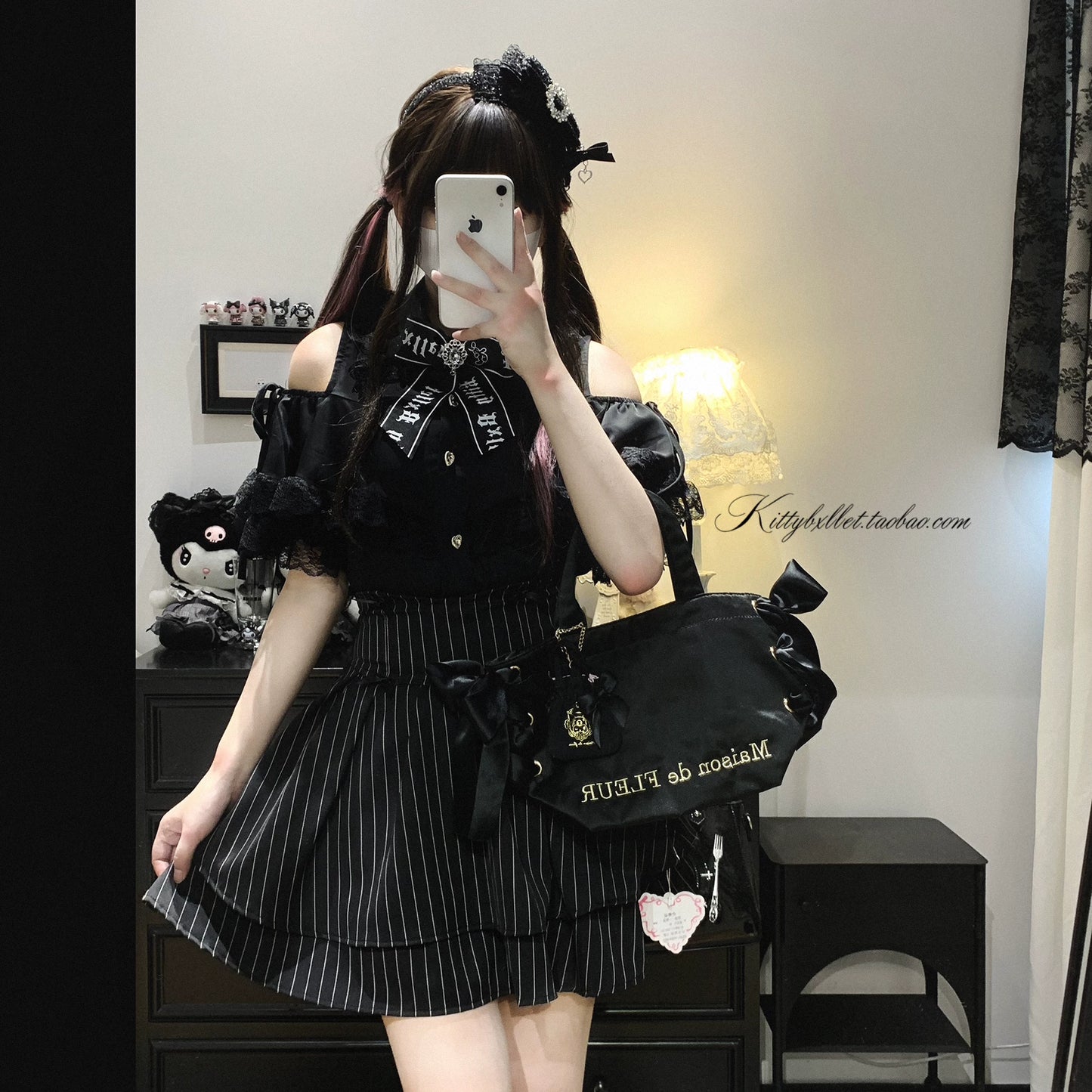 KittyBxllet Original “Heart Gem” Satin Ribbon Lace-Trim Off-Shoulder Tie Blouse
