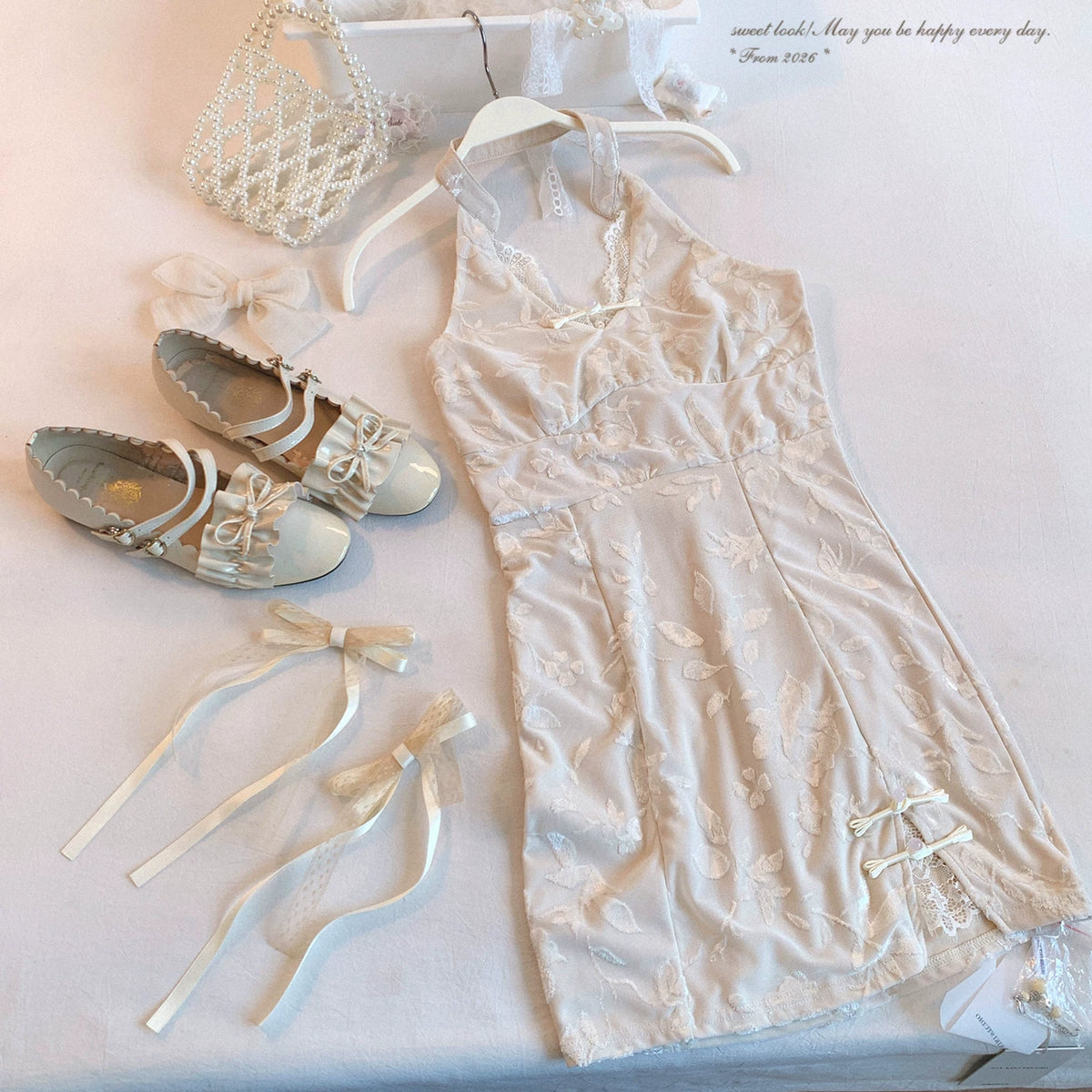 Last-Season Deal Joykik* New Chinese Retro Cloisonné-Style Button Embossed Floral Lace Halter Midi Dress
