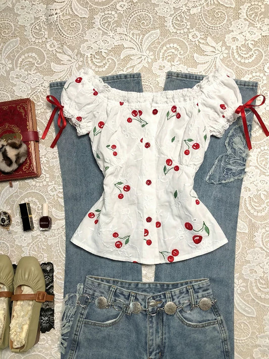 White Sweet Cherry Embroidered One-Shoulder Short-Sleeve Shirt Summer Women Designer Top