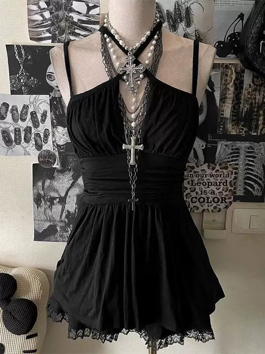 Vintage-Inspired Black Lace Cami Top with a Chic, Pure-Desire Off-the-Shoulder Bow Neckline (2026 Summer)