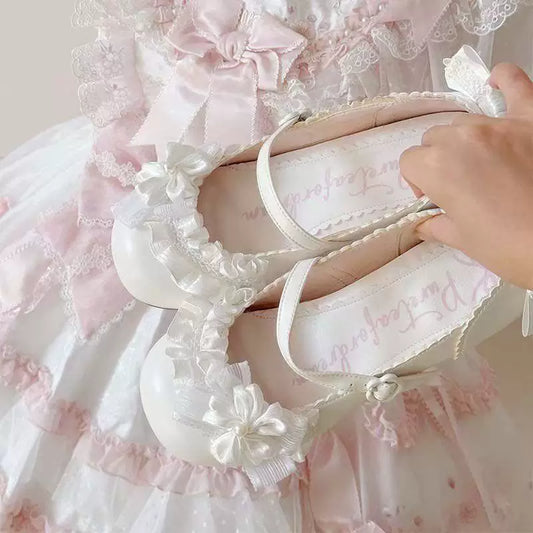 Under the Moon Cherry Blossom Low-Heel Lace “White Tea” Dream New Lo Shoes, Sakura Round-Toe Lolita Shoes, Sakura Series Bow Detail