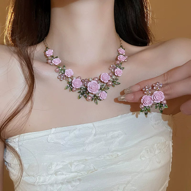 Pearl Collar Necklace with Pink Flowers for Women, Bold Statement Neckwear, 2026 New Fashion Accessory - Purple Set 2 Necklace + Earrings