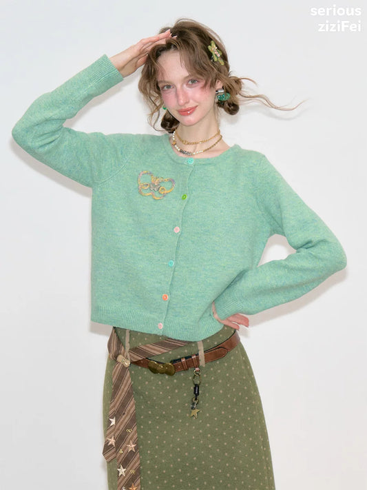 Green Butterfly Embroidered Cardigan | Vintage Soft Knit Sweater for Women