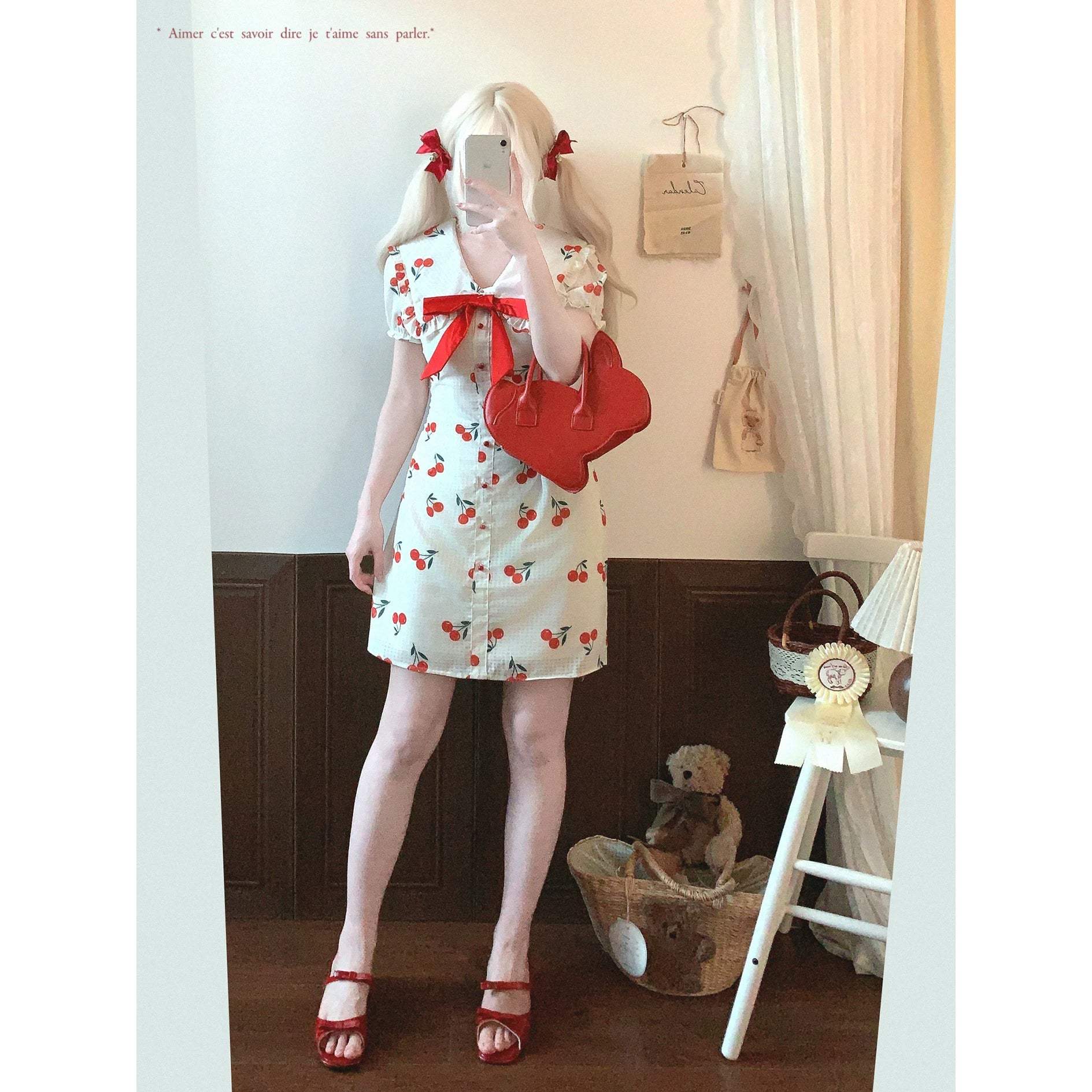 Last-Season Sale Cherry Print Gingham Retro Summer Cute Bow Cinched Waist Dress*
