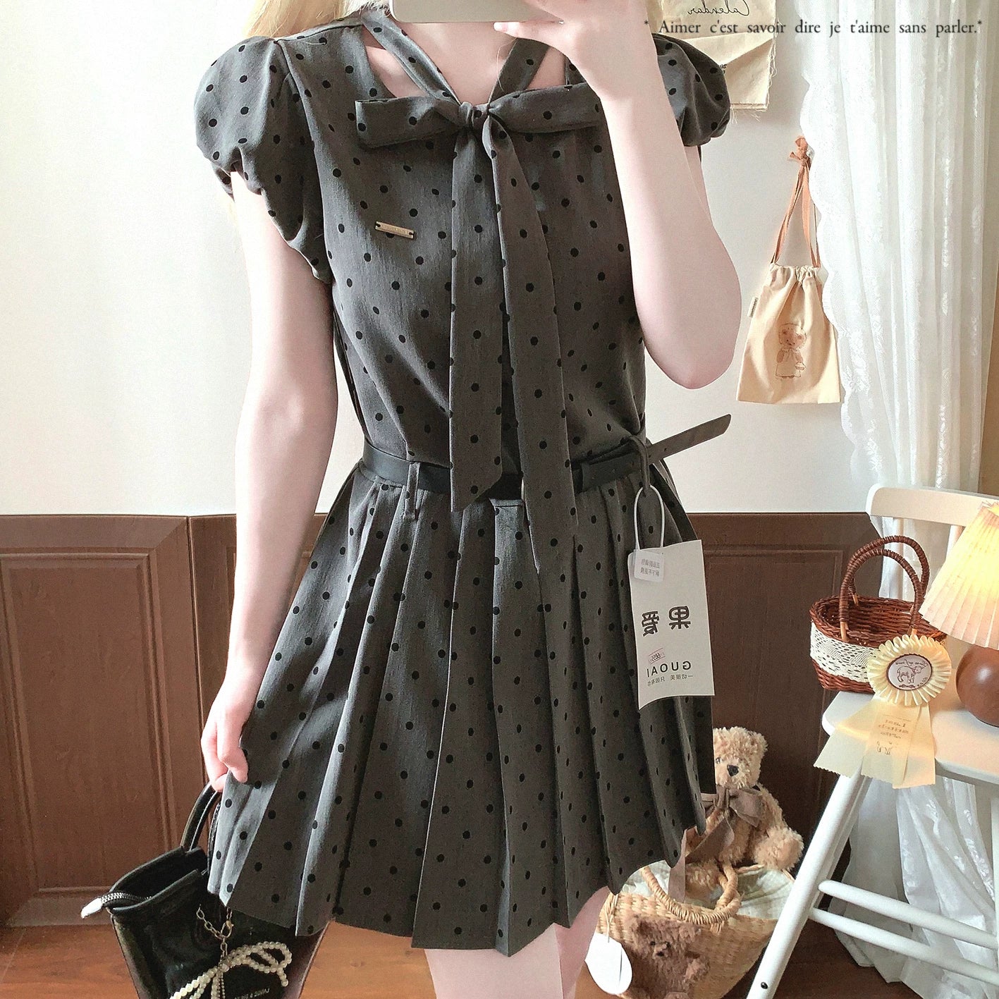 Last-Season Special Grey Retro Polka Dot Sweet Puff Sleeve Bowknot Pleated Midi Dress