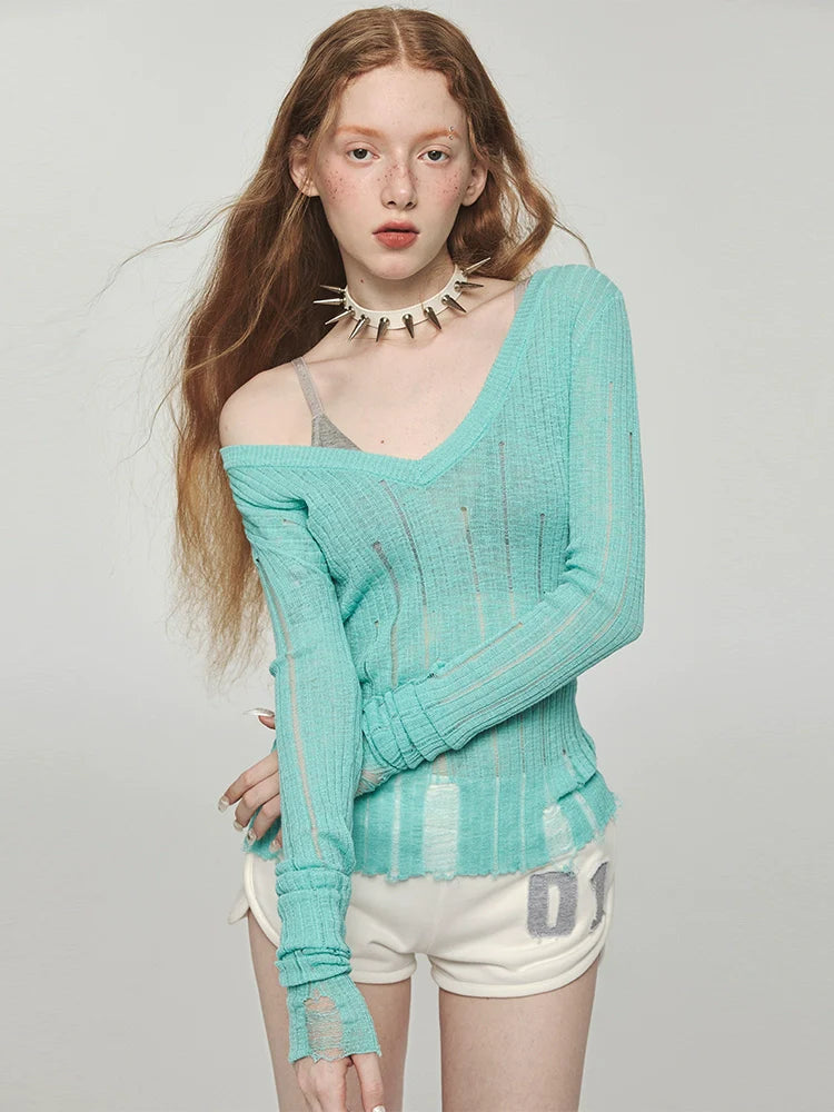 Hollow-Out V-Neck Thin Cardigan With Distressed Waist Knit Top