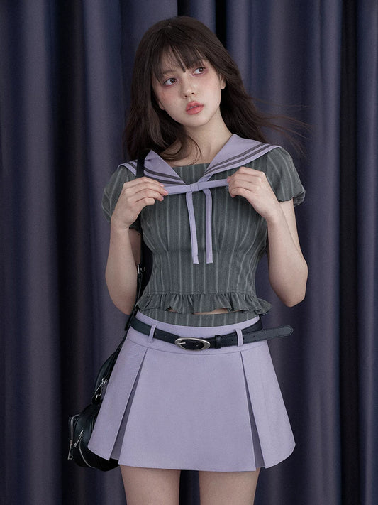SagiDolls Girls’ Spirit #Misty Island Voyage Poem# Sweet Youthful Gray-Purple Academy-Style Sailor Collar Water-Hand Set for Summer