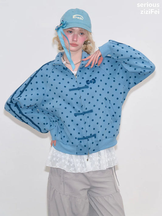 Blue Polka Dot Jacket | Retro Vintage Zip-Up Hoodie for Women