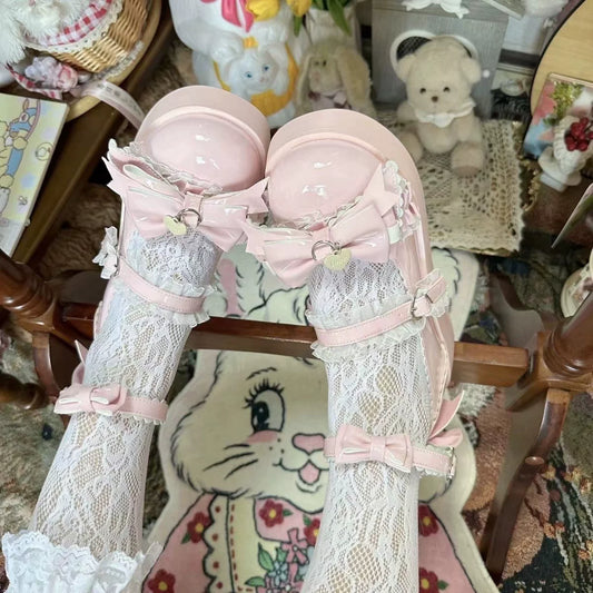 Anniversary Confession Vow Lo Shoes Original Lolita Platform Heels with Bow Thick-Soled Chunky Shoes