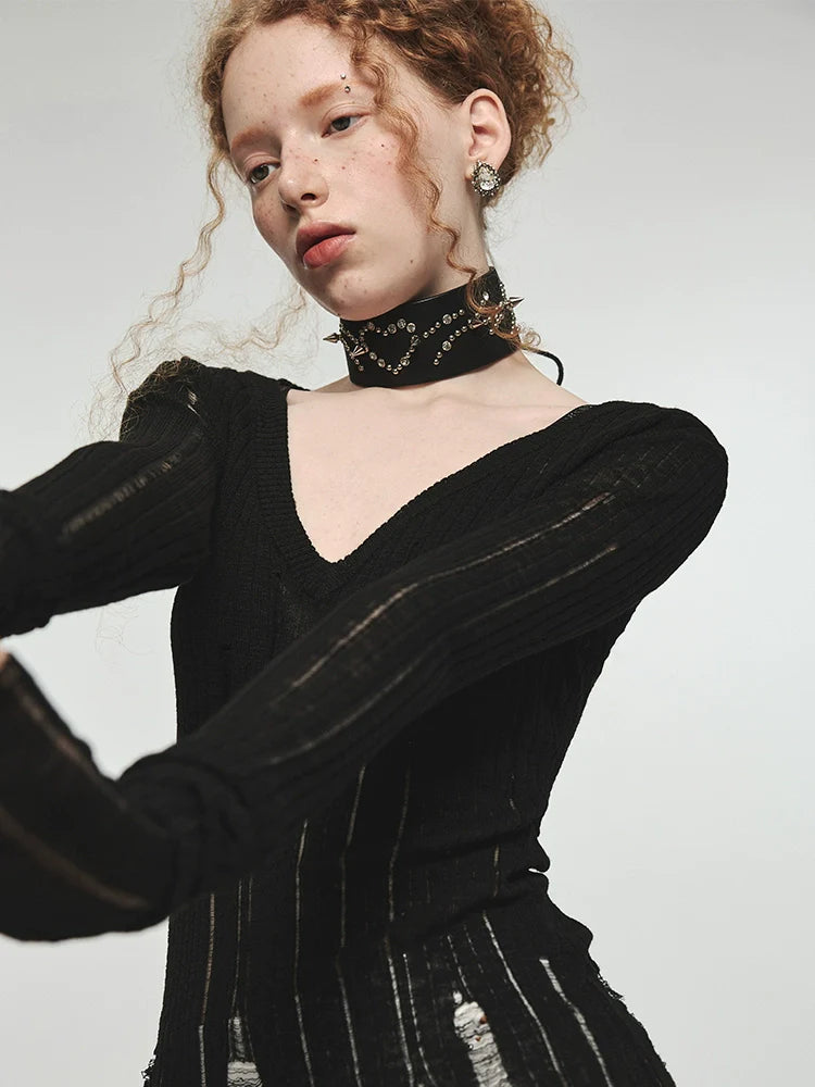 Hollow-Out V-Neck Thin Cardigan With Distressed Waist Knit Top