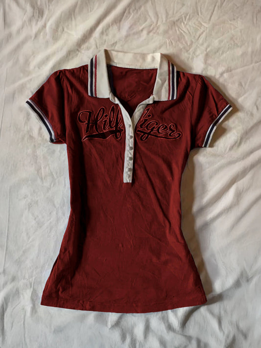 Wine Red Polo Shirt | Retro Short Sleeve Top for Women