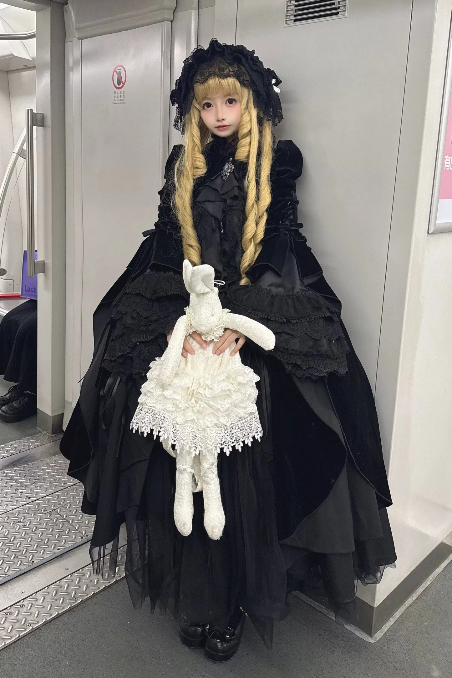 [Pre-order] Gothic Lolita Black Cross Detail Flare Sleeve Long Coat + Headdress