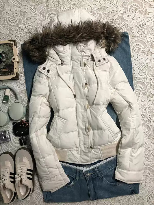 white hooded cotton-padded jacket