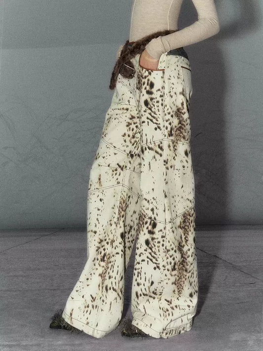 American Leopard Print Denim Wide Leg Pants