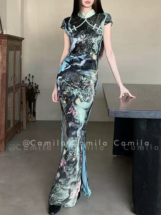 Landscape Painting Printed Cheongsam Dress