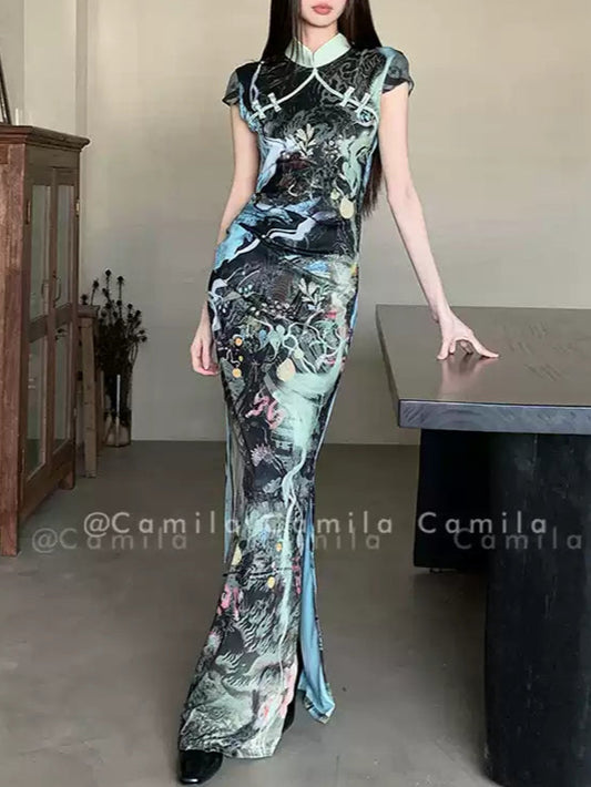 Landscape Painting Printed Cheongsam Dress