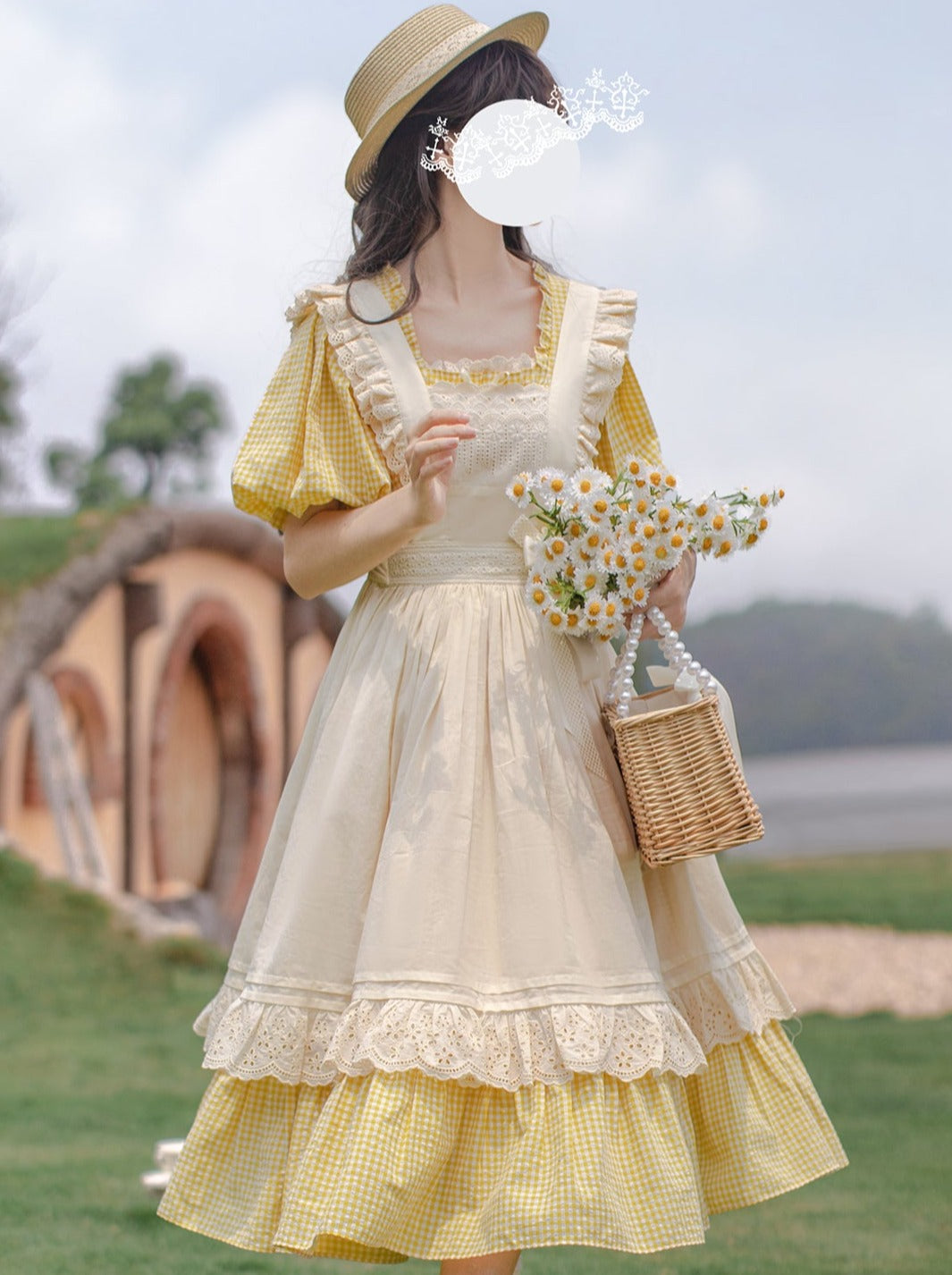【Pre-order item】Retro Girly Yellow Dress + Apron + Ribbon