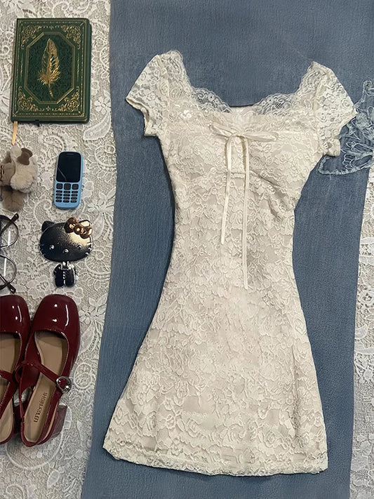 Lace Patchwork Short Sleeve Dress for Women Summer New French Pure-Style Slimming Flattering Fit