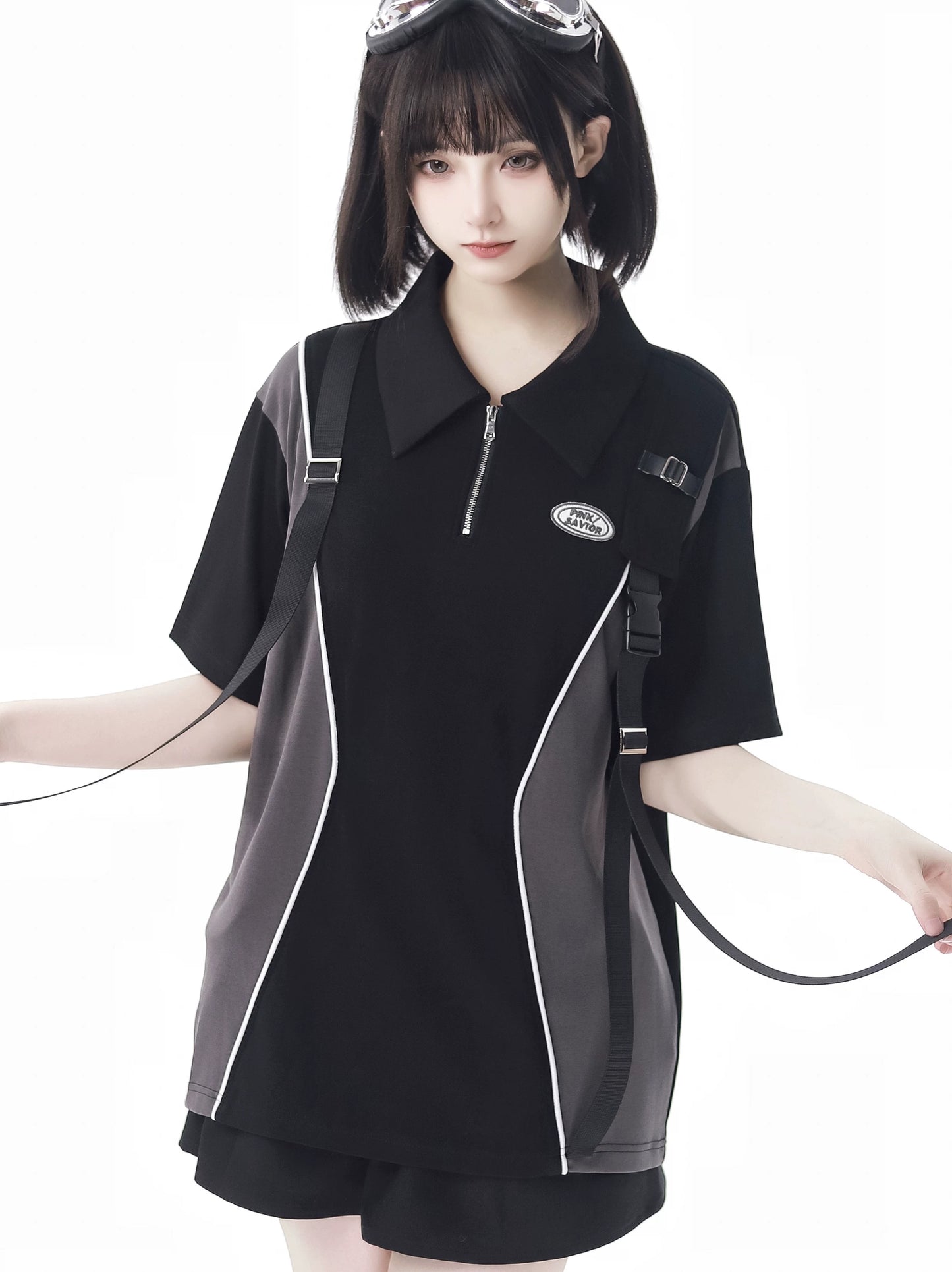 pinksavior【Fengjian】Summer Casual Lapel Contrast Letter Embroidery Youthful Short-Sleeve Set, Cool and Comfortable