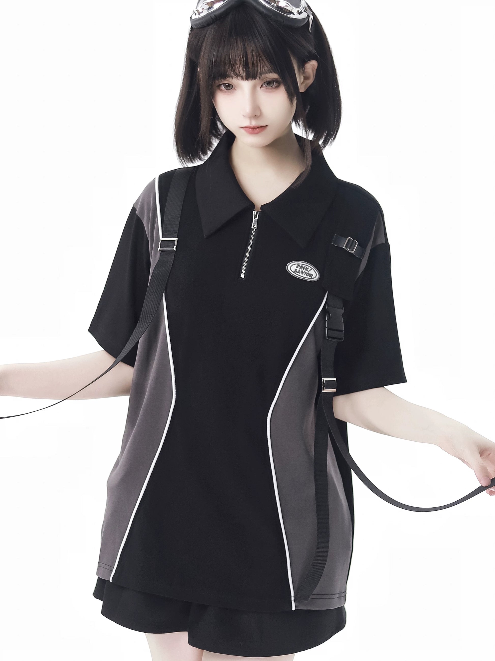 pinksavior【Fengjian】Summer Casual Lapel Contrast Letter Embroidery Youthful Short-Sleeve Set, Cool and Comfortable
