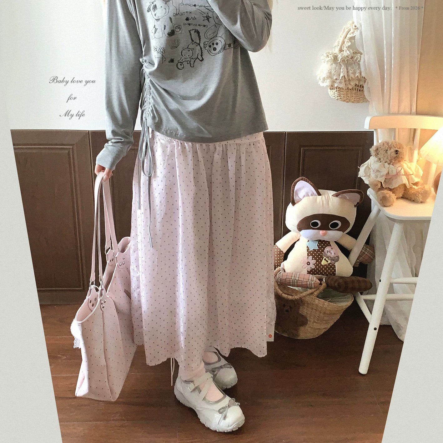 Final Stock Gray-Pink French Polka Dot High-Waist Single-Breasted Peplum Skirt with Sheeny Texture Jacquard Pattern