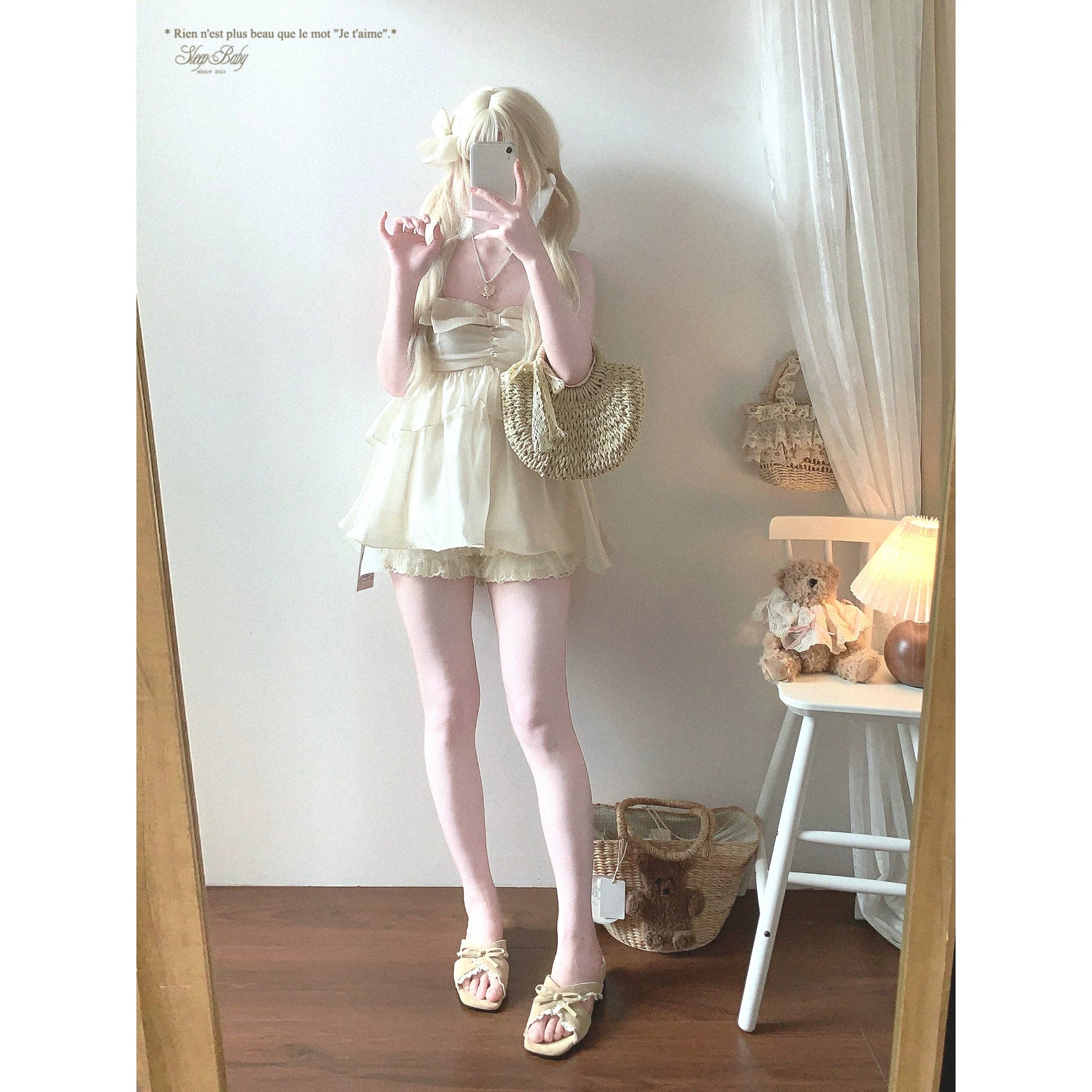 Final-Call Joykik* Sweet Butterfly Bow French-Style Glittering Chiffon Ruffled Pleated Bustier Off-Shoulder Top
