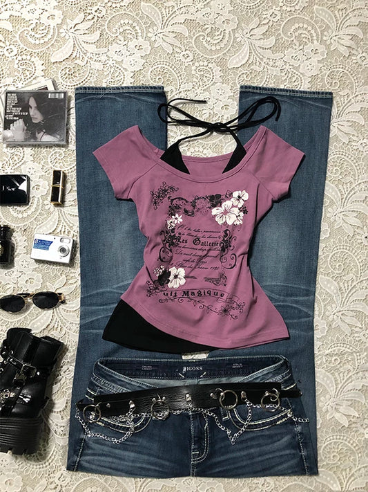 Purple Floral Print Off-Shoulder Short-Sleeve T-Shirt for Women Summer Designer Chic Boutique Vintage “Two-Piece” Look