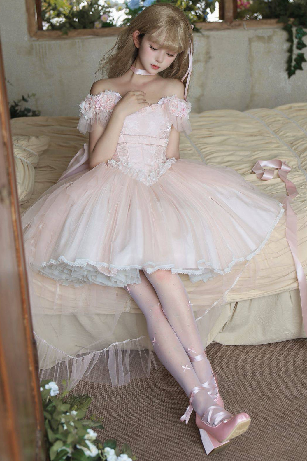 Light Pink Sweet Lolita Dress with Ribbon Tail